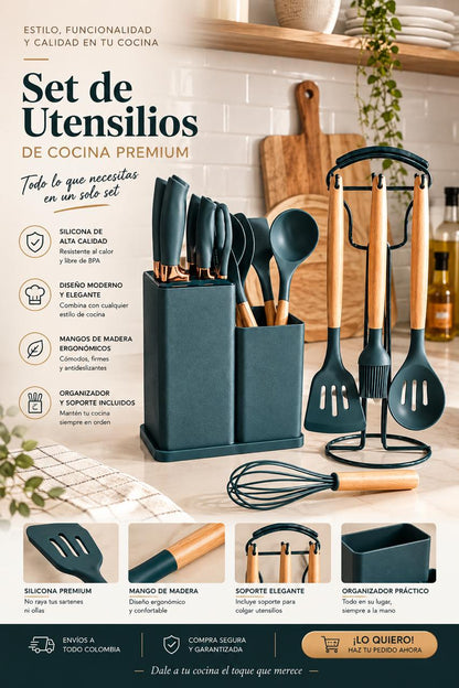Kit de Cocina de Silicona y Madeira - 19 Piezas